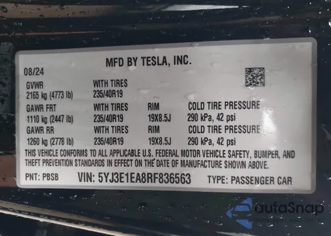 2024 Tesla Model 3 Long Range Dual Motor All-Wheel Drive/Rear-Wheel Drive from USA, damaged, VIN 5YJ3E1EA8RF836563